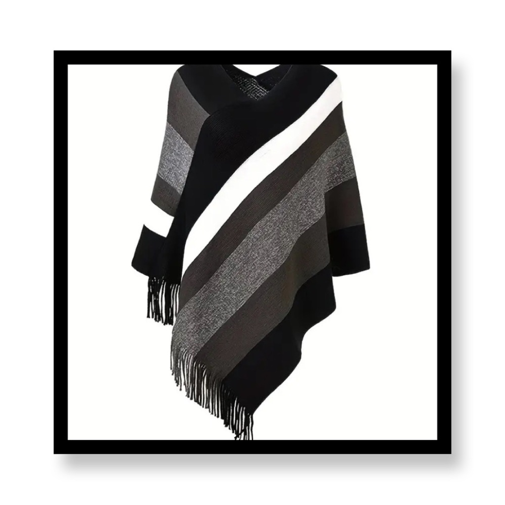 Striped Fringed Poncho Shawl Pull Over
